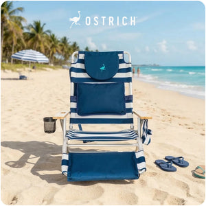 Ostrich The Deluxe 3N1 Lightweight Beach Lounge Chair w/ Footrest, Blue Stripe