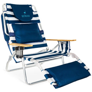 Ostrich The Deluxe 3N1 Lightweight Beach Lounge Chair w/ Footrest, Blue Stripe