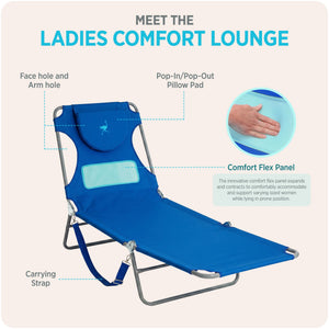 Ostrich The Ladies Comfort Lounger Foldable Beach Pool Tanning Chair, Ocean Blue
