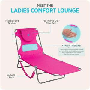 Ostrich The Ladies Comfort Lounger, Foldable Beach Pool Tanning Chair, Pink