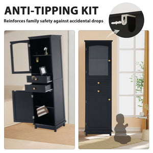 Tall Bathroom Storage Cabinet With Glass Doors, Free-Standing, Two Drawers, And Adjustable Shelves, Board, Painted Perfect For Displaying Your Favorite Items