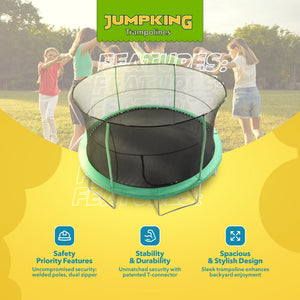 JumpKing JK1418C2 14 Foot Padded Enclosed Round Trampoline with G3 Poles, Green - TRAPSKI