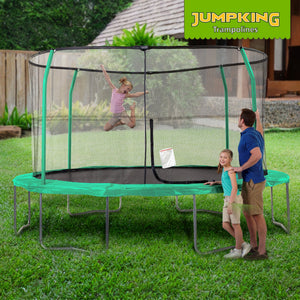 JumpKing JK1418C2 14 Foot Padded Enclosed Round Trampoline with G3 Poles, Green - TRAPSKI