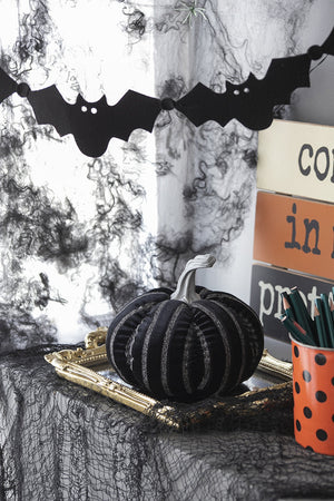 Set of 2, 7x7x7" Fabric Black Stripe Pumpkin Decor
