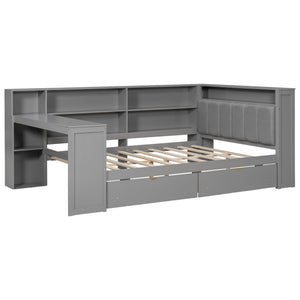 Platform Bed With Upholstered Headboard, Storage Shelves, Drawers, Charging Station, LED Lighting, Built In Desk