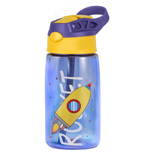 16.2Oz Leak-proof Kids Water Bottle with Straw Push Button Sport Water Bottle for Kids Crab Ship Jellyfish Rocket