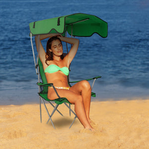 Foldable Beach Canopy Chair Sun Protection Camping Lawn Canopy Chair 330LBS Load Folding Seat w/ Cup Holder For Beach Poolside Travel Picnic