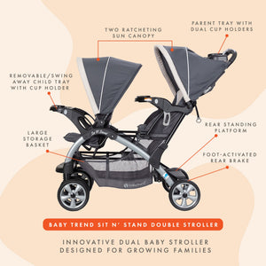 Baby Trend Sit N' Stand Easy Fold Travel Toddler/Baby Double Stroller, Magnolia