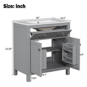 Bathroom Vanity With Ceramic Sink, Modern Single Bathroom Cabinet With 2 Doors And A Shelf, Soft Close Doors