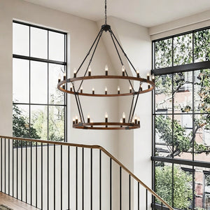 Large Solid Wood Wagon Wheel Chandelier, 2-Tier 32-Lights