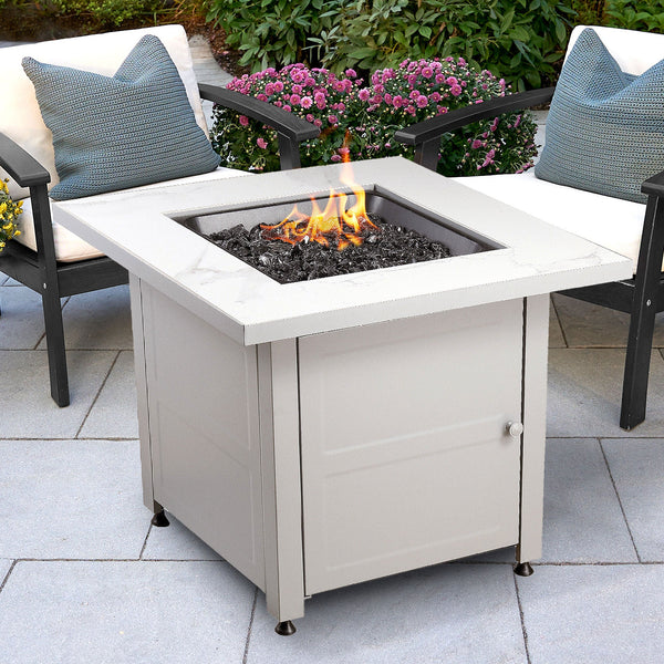 Endless Summer Outdoor Fire Pit Table with Faux Marble Finish, Black Glass