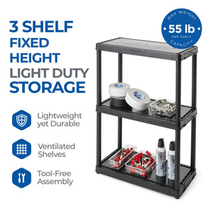Gracious Living 3 Shelf Fixed Height Light Duty Storage Unit, Black (3 Pack)