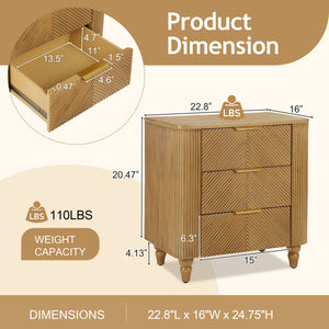 Mid-Century Fluted 3 Drawers Nightstand, Bedside Table with Curved Profile Design and Wide