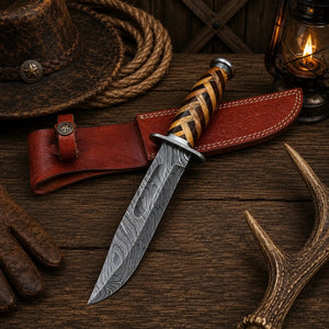 Frontier Weaver Bowie Knife – Damascus Steel, Basketwood Handle & Leather Sheath