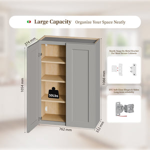 Gray Shaker Solid Wood Wall Cabinet with Soft-Close Doors