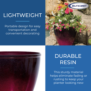 Suncast Seneca 16 Inch Ombre Decorative Resin Plant Flower Planter Pot, Red/Plum