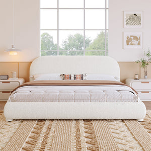 Cream Style Fabric Upholstered Bed, Simple Modern Bedroom Double Bed, Queen