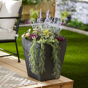 Suncast 16 Inch Farmington Decorative Rustic Wood Finish Garden Planter, Gray