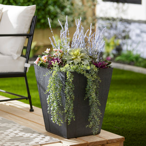 Suncast 16 Inch Farmington Decorative Rustic Wood Finish Garden Planter, Gray