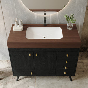 36" Freestanding Bathroom Vanity with Faux Marble Top, Ceramic Sink, 5 Drawers & Stainless Steel Legs