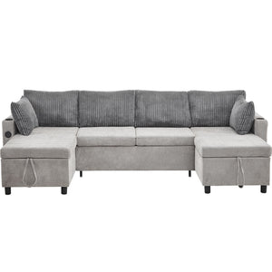 Sectional Sofa Bed With Pull Out Sleeper, USB Ports, Cup Holders