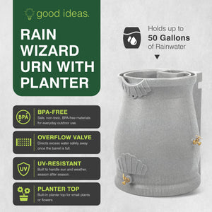 Good Ideas RWURN50-LIG 50 Gallon Rain Saver Wizard Barrel Urn, Light Granite