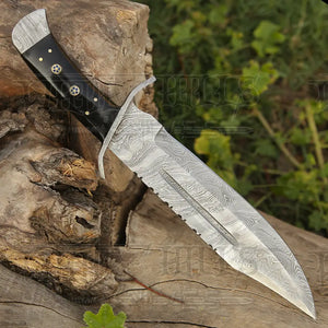 15" Handmade Damascus Steel Bowie Hunting Knife- Buffalo Horn Handle