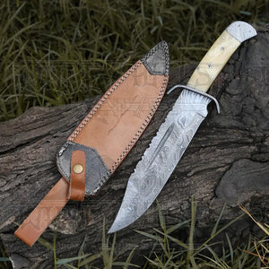 15" Handmade Damascus Steel Bowie Hunting Knife- Full Tang - Camel Bone Handle
