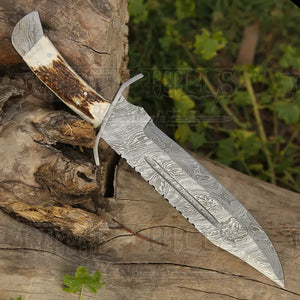 15" Handmade Damascus Steel Bowie Hunting Knife- Full Tang - Stag Antler Handle