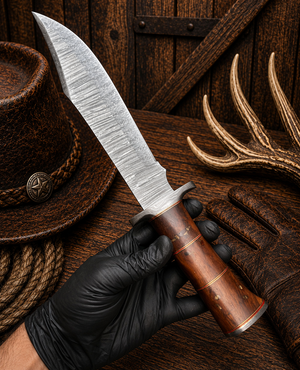 15″ Wild Highland Bowie Knife – Damascus Steel With Wood Handle & Leather Sheath