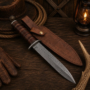 M3 Heritage Damascus Bowie Knife – Stacked Leather Handle & Sheath