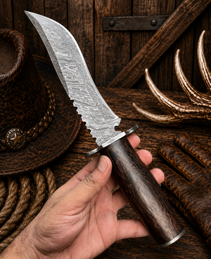 Nightwood Trail Bowie Knife – Damascus Steel, Wenge Wood Handle & Leather Sheath