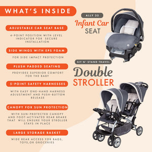 Baby Trend Sit N' Stand Travel Double Baby Stroller w/ Single Car Seat, Magnolia