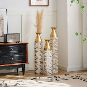 Mother's Day Gift Set Gilded White 3D Relief Flower Metal Vase Set - White / Gold
