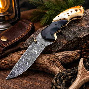 Hand Forged Damascus Folding Knife With Bull Horn Handle & Leather Sheath