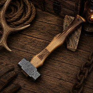 Ironforge Damascus Steel Hammer – 16″ Burnt Ash Wood Handle