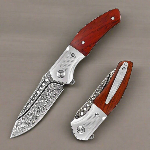 Ironbark VG10 Damascus Pocket Knife With Exotic Red Sandalwood Handle, Clip & Sheath