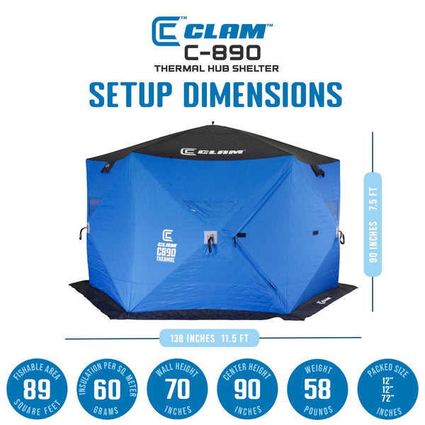 CLAM C-890 Portable 11.5 Ft 6 Person Pop Up Ice Fishing Thermal Hub Shelter Tent