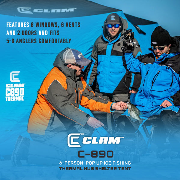 CLAM C-890 Portable 11.5 Ft 6 Person Pop Up Ice Fishing Thermal Hub Shelter Tent