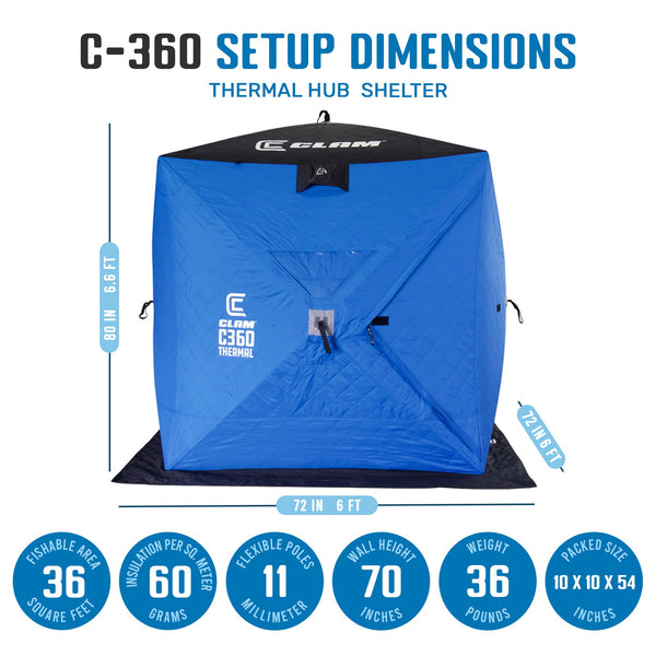 CLAM C-360 Portable 6 Ft 3 Person Pop Up Ice Fishing Thermal Hub Shelter Tent