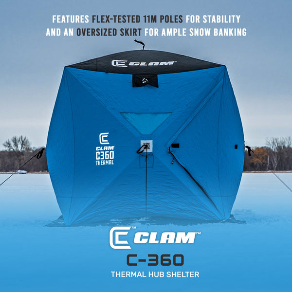 CLAM C-360 Portable 6 Ft 3 Person Pop Up Ice Fishing Thermal Hub Shelter Tent