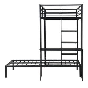 Metal Loft Bed Frame with LED Light Strip, Side Storage Shelves & Built-in Desk