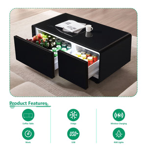 Modern Smart Coffee Table With Built-In Fridge - tooth Speaker, Wireless Charging, Touch Control Panel, USB Interface, Outlet Protection, Atmosphere Light
