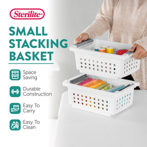 Sterilite Small Stacking Storage Basket with Comfort Grip Handles, 8 Pack, White
