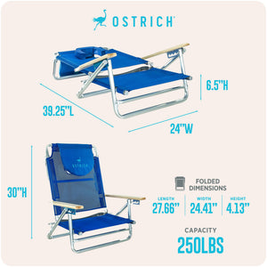 Ostrich South Beach Chair, Portable Outdoor Camping Pool Tanning Recliner, Blue