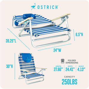 Ostrich South Beach Chair Portable Outdoor Camping Pool Tanning Recliner, Stripe