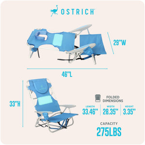 Ostrich Ladies Comfort Backpacker, Outdoor Beach Pool Reclining Chair, Blue
