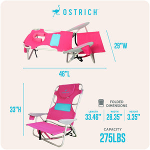 Ostrich Ladies Comfort Backpacker, Outdoor Beach Pool Reclining Chair, Pink