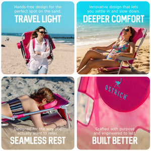Ostrich Ladies Comfort Backpacker, Outdoor Beach Pool Reclining Chair, Pink
