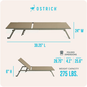 Ostrich Princeton Outdoor Chaise Lounge Pool Beach Patio Chair, Tan, 2 Pack